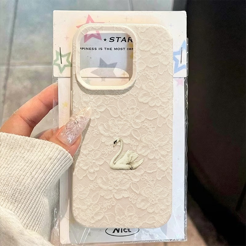 Phone Cases Iphone 17 Pro Max - غطاء هاتف بنمط البجع والدانتيل وملمس
