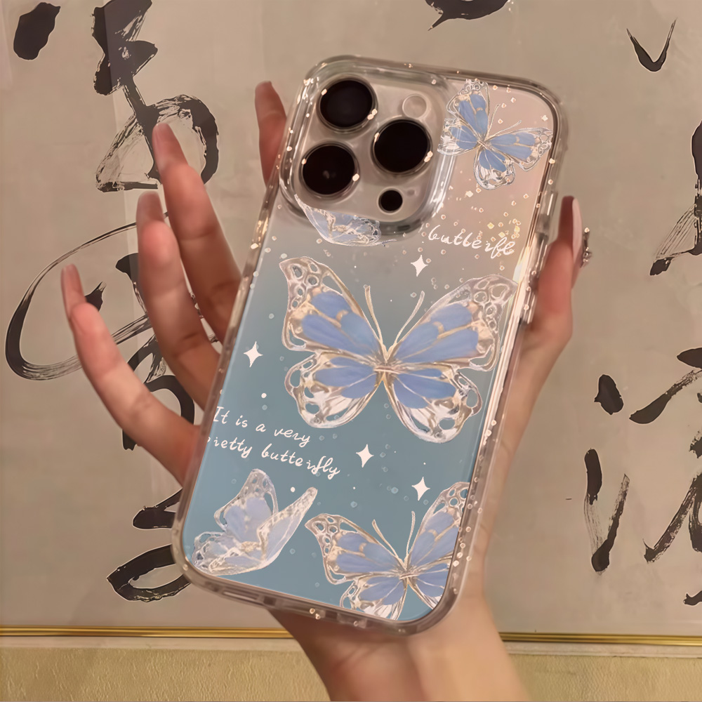 Glitter Shockproof Case - غطاء هاتف فاخر بتصميم فراشة زرقاء